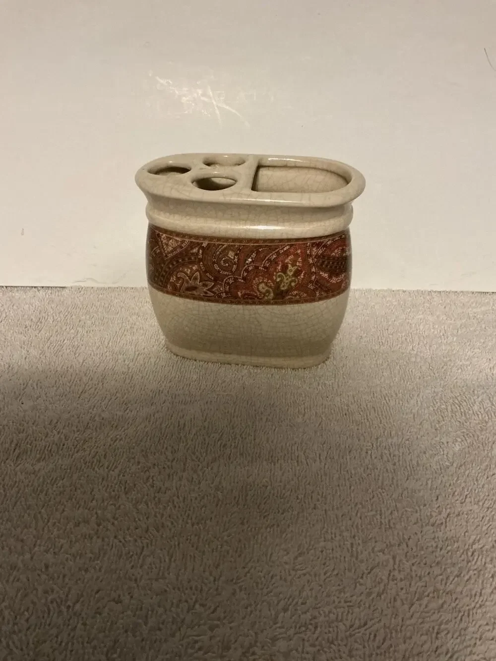 Vintage Spring Maid Ceramic Toothbrush Holder Crackle Glaze Paisley Boho Bath